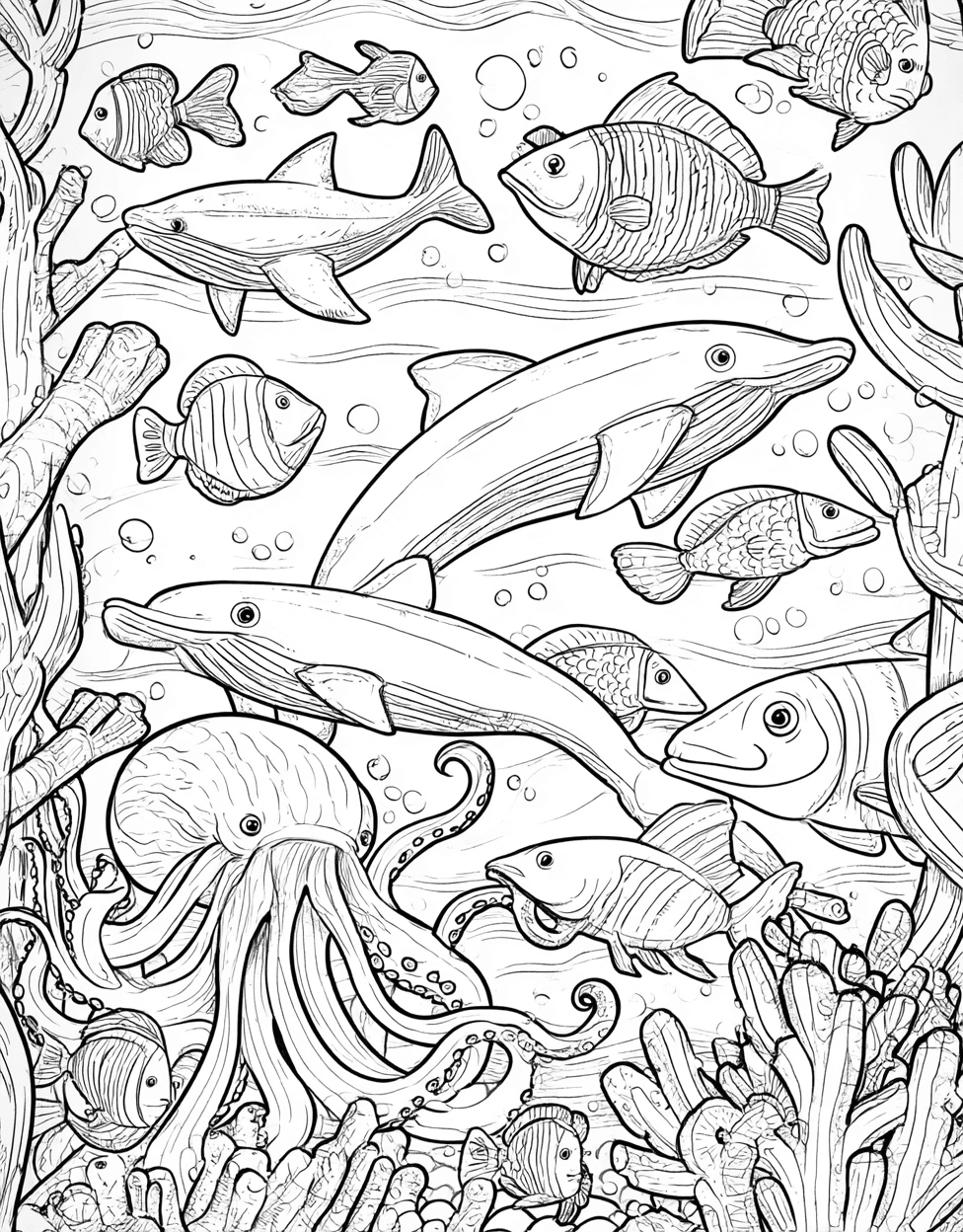 Underwater Wonders Ocean Creature Art Fun, Relaxation Color Book, Cute Characters Colouring Pages for Womens, Coloring Pages for Adults Free Printable, Ocean Creature Coloring main 5