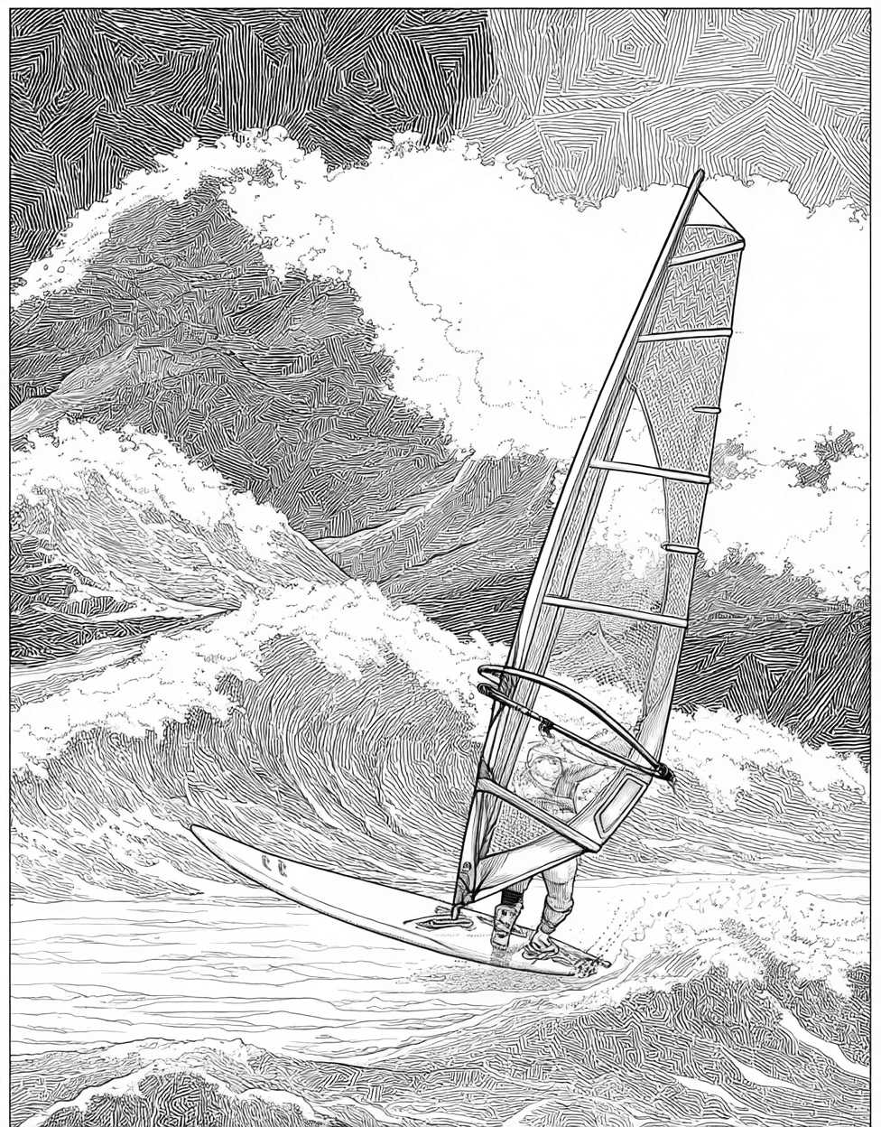 Relaxation Color Book, Adventure Colouring Pages for Adults, Coloring Pages Pdf Free, Windsurfing Coloring, Ride the Waves Windsurfing Art Adventure main 6