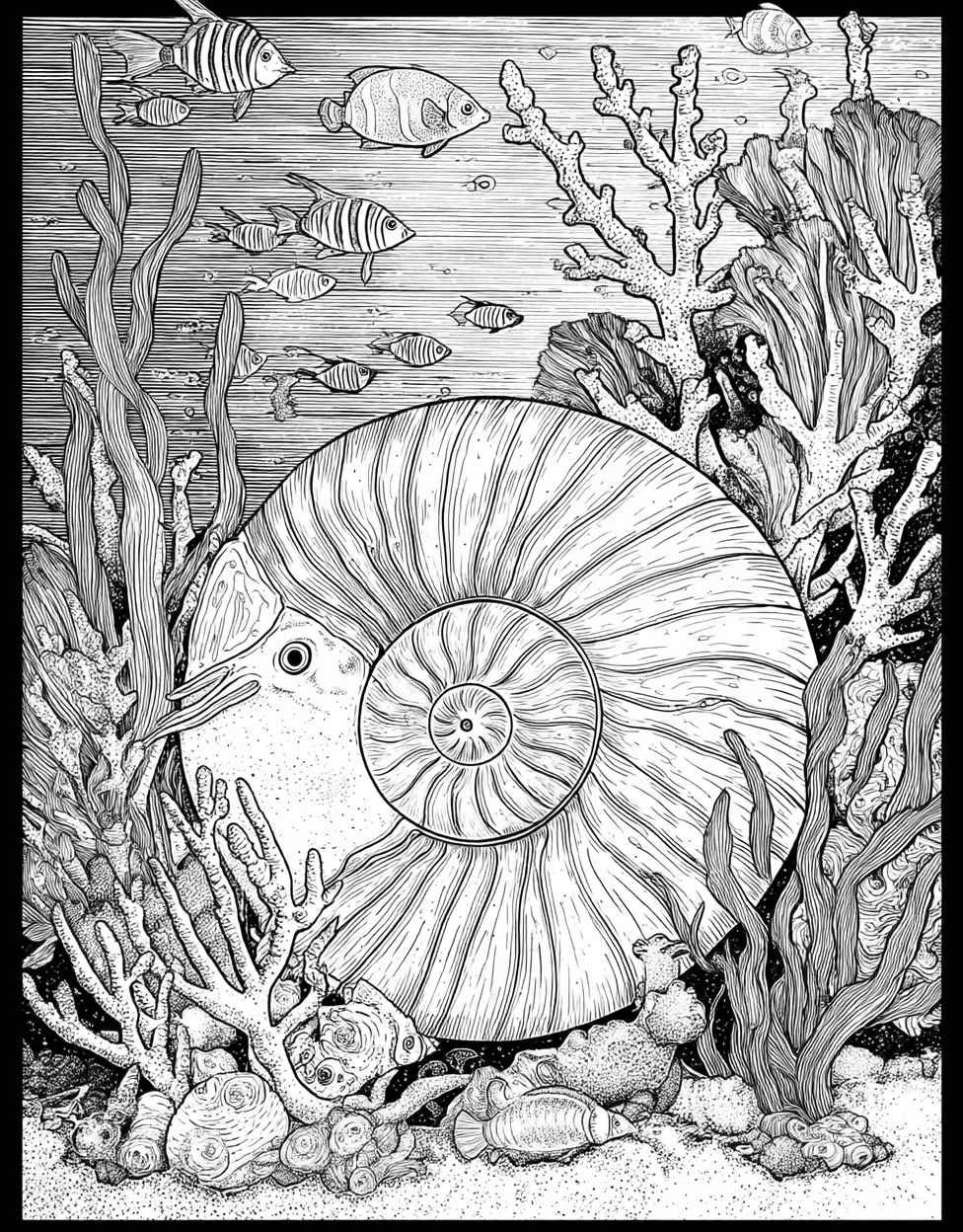 Free Printable Adult Coloring Pages, Nautilus Shell Coloring, Nautilus Shell Art a Spiral of Creativity, Stress Relief Color Book, Ocean Life Colouring Pages for Adults main 6