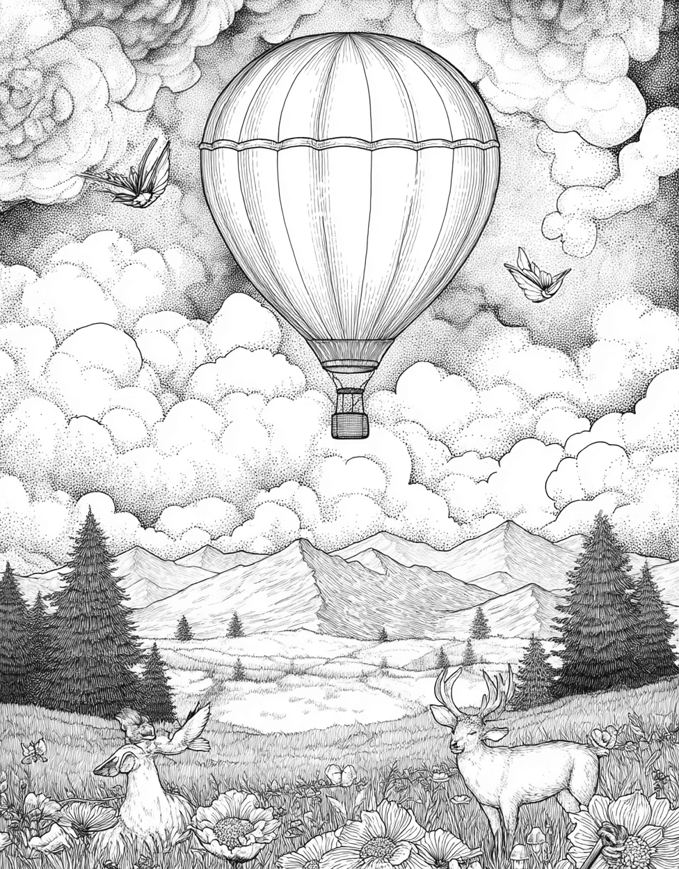 Hotairballoon Coloring, Skyward Dreams Hot Air Balloon Designs, Free Printable Girly Coloring Pages, Relaxation Color Book, Adventure Colouring Pages for Womens main 6