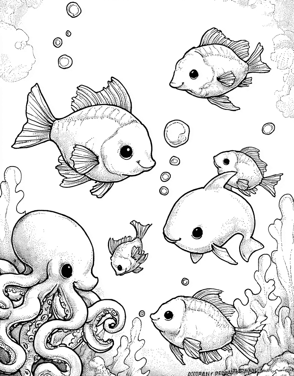 Underwater Wonders Ocean Creature Art Fun, Relaxation Color Book, Cute Characters Colouring Pages for Womens, Coloring Pages for Adults Free Printable, Ocean Creature Coloring main 6