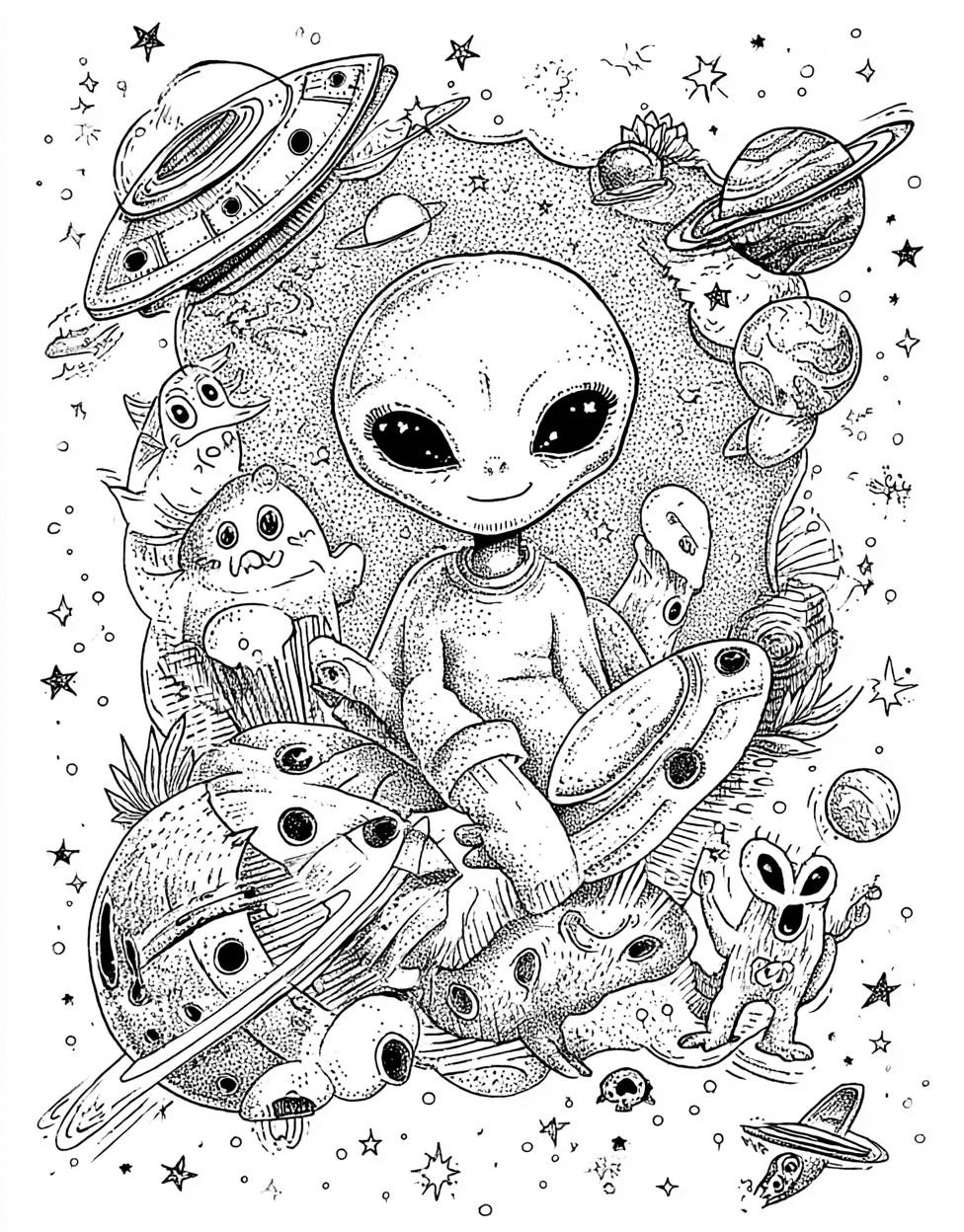 Cosmic Cuties Alien Baby Art Adventures, Stress Relief Color Book, Cute Characters Colouring Pages for Women, Free Coloring Pages to Print, Alien Baby Coloring main 7