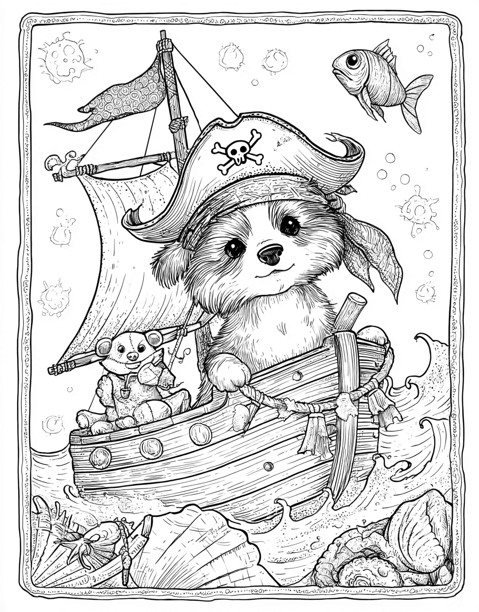 Swashbuckling Animal Pirates Adventure, Relaxation Color Book, Cute Characters Colouring Pages for Adults, Free Color Pages for Adults, Pirate Animal Coloring main 9