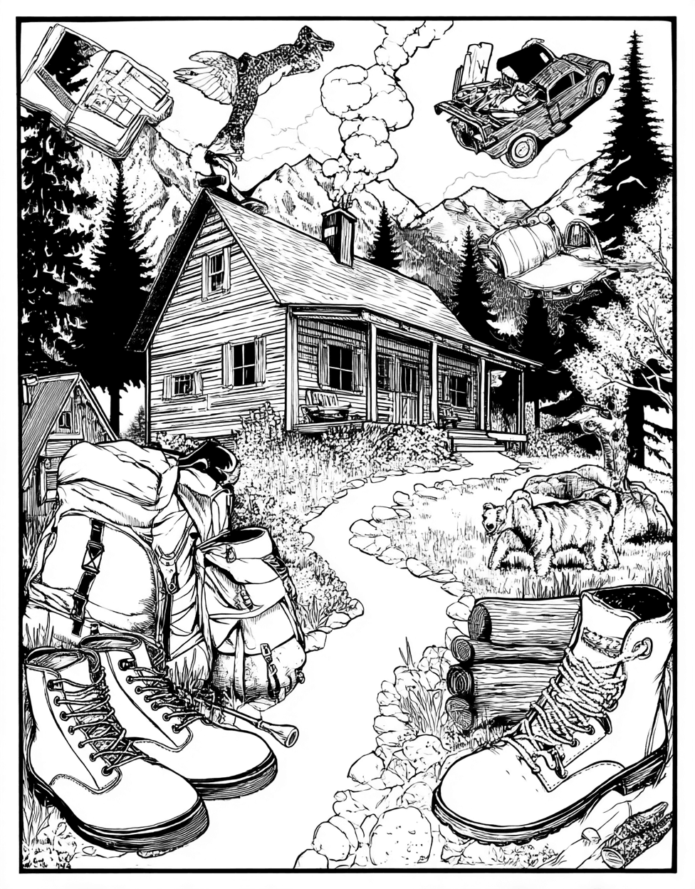 Free Printable Girly Coloring Pages, Coloring Adult Horror Cabin, Charming Cabin Scenes to Brighten Your Day, Stress Relief Color Book, Adventure Colouring Pages for Adult main 9