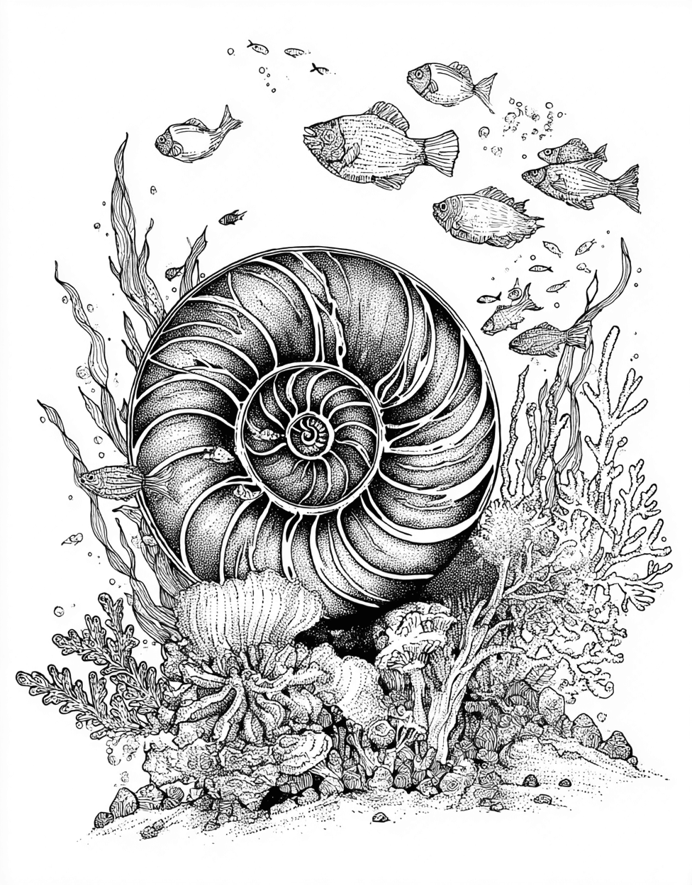 Free Printable Adult Coloring Pages, Nautilus Shell Coloring, Nautilus Shell Art a Spiral of Creativity, Stress Relief Color Book, Ocean Life Colouring Pages for Adults main 7
