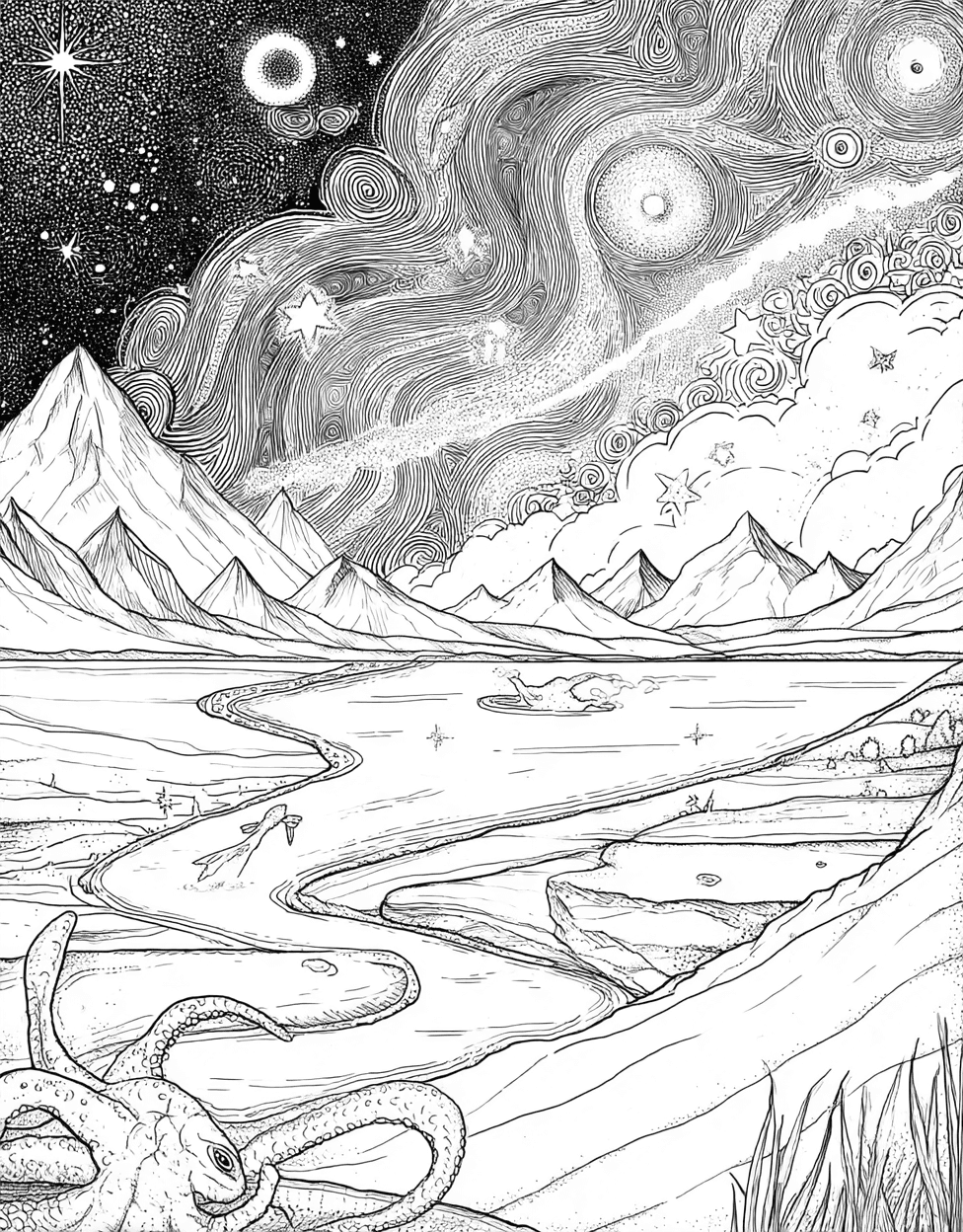 Free Printable Coloring Pages, Stress Relief Color Book, Adventure Colouring Pages for Teen, Coloring Printable Star Complications, Starry Nights Celestial Art Adventures main 7