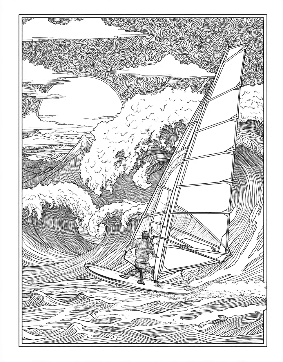 Relaxation Color Book, Adventure Colouring Pages for Adults, Coloring Pages Pdf Free, Windsurfing Coloring, Ride the Waves Windsurfing Art Adventure main 7
