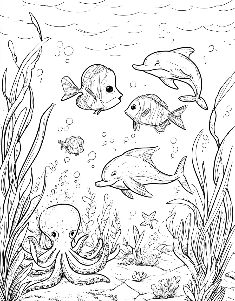 Underwater Wonders Ocean Creature Art Fun, Relaxation Color Book, Cute Characters Colouring Pages for Womens, Coloring Pages for Adults Free Printable, Ocean Creature Coloring main 7