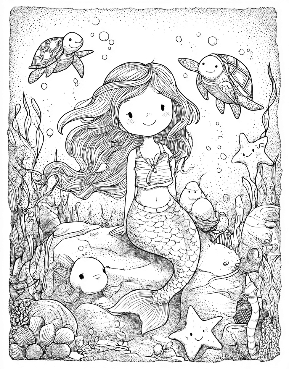 Free Coloring Pages for Adults, Mermaid Friend Coloring, Whimsical Mermaid Friend Art Adventures, Stress Relief Color Book, Cute Characters Colouring Pages for Teenage main 8