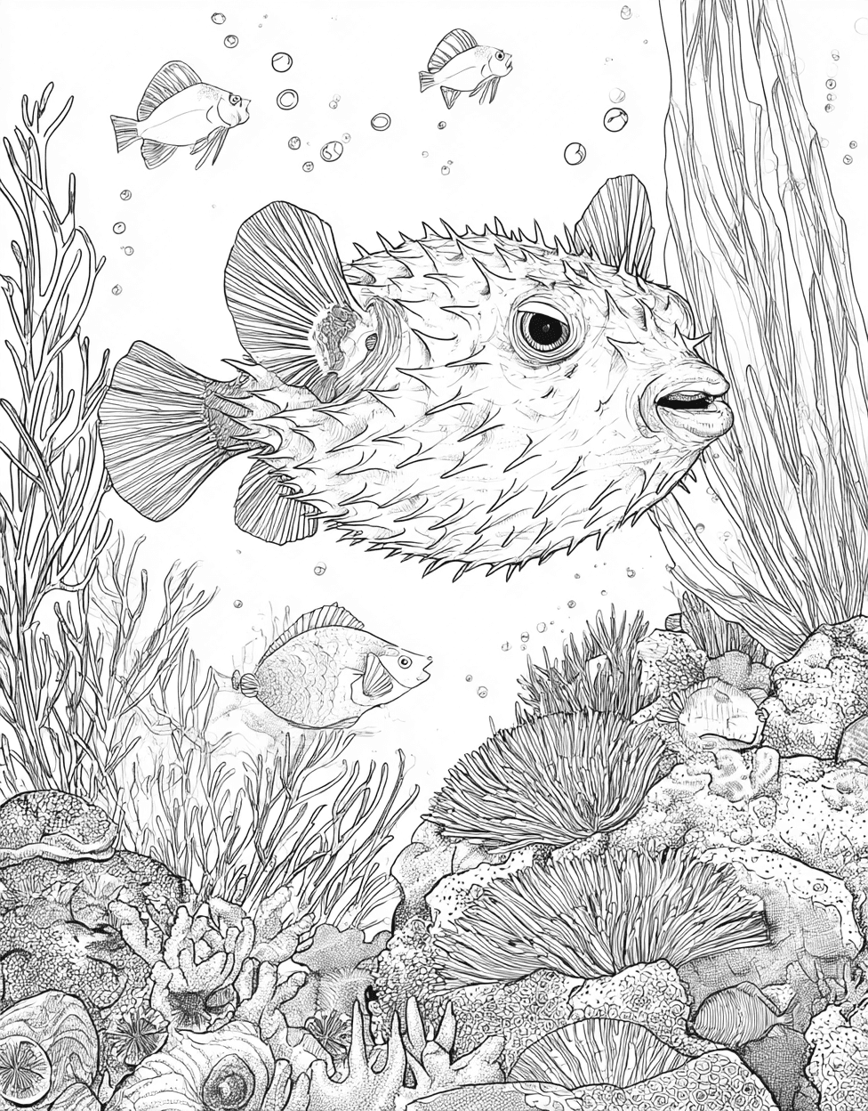 Pufferfish Coloring, Free Printable Girly Coloring Pages, Pufferfish Patterns Dive into Creativity, Relaxation Color Book, Ocean Life Colouring Pages for Women main 8