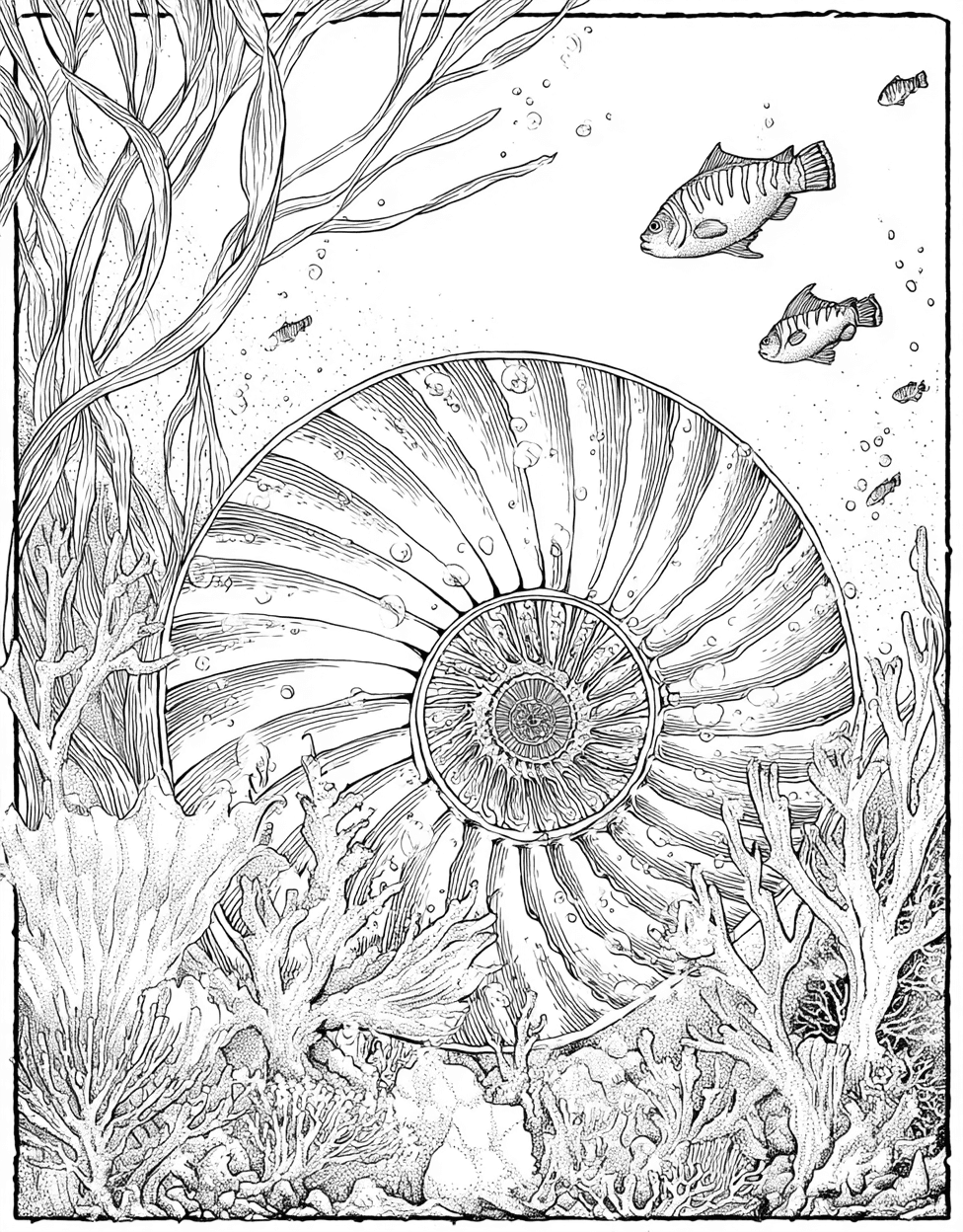 Free Printable Adult Coloring Pages, Nautilus Shell Coloring, Nautilus Shell Art a Spiral of Creativity, Stress Relief Color Book, Ocean Life Colouring Pages for Adults main 8