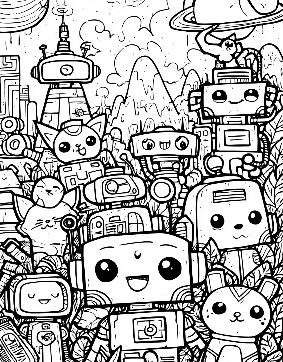 Free Printable Coloring Pages for Adults, Robot Pet Coloring, Stress Relief Color Book, Cute Characters Colouring Pages for Teenage, Vibrant Robot Pet Adventures Await main 9