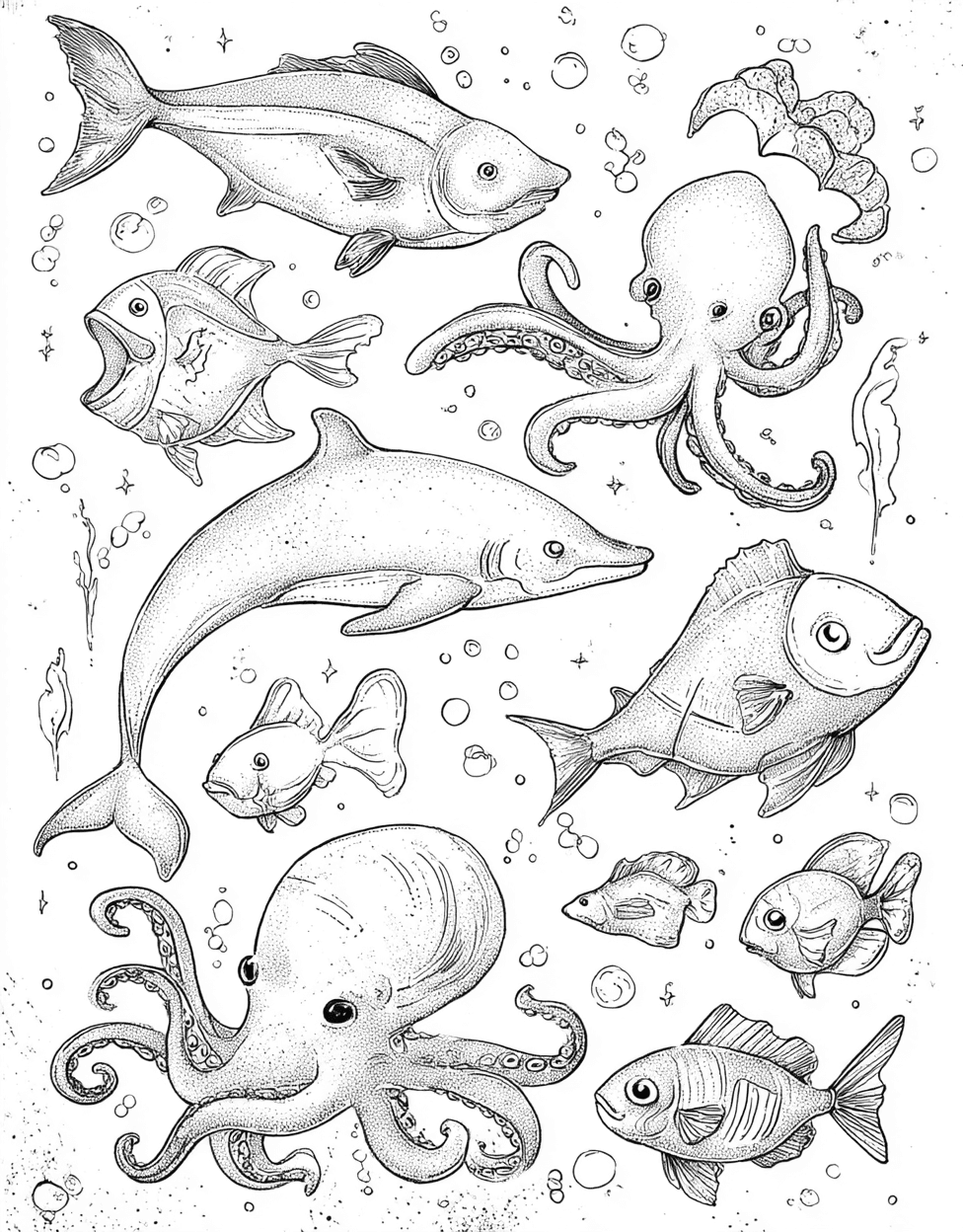 Underwater Wonders Ocean Creature Art Fun, Relaxation Color Book, Cute Characters Colouring Pages for Womens, Coloring Pages for Adults Free Printable, Ocean Creature Coloring main 8