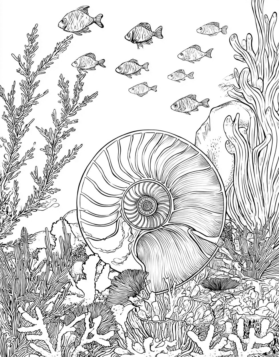 Free Printable Adult Coloring Pages, Nautilus Shell Coloring, Nautilus Shell Art a Spiral of Creativity, Stress Relief Color Book, Ocean Life Colouring Pages for Adults main 9