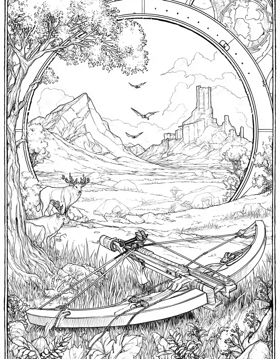 Relaxation Color Book, Adventure Colouring Pages for Teenage, Free Printable Coloring Pages for Adults, Crossbow Coloring, Arrows and Art Crossbow Designs to Shade main 9