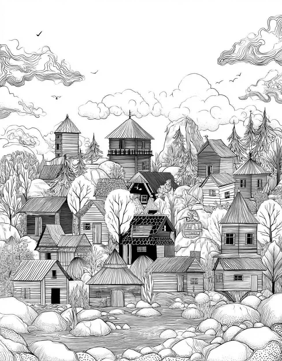 Free Coloring Pages to Print, Charming Hut Designs for Artistic Fun, Relaxation Color Book, Buildings Colouring Pages for Adults, Sticker Get Replacement Hut main 1