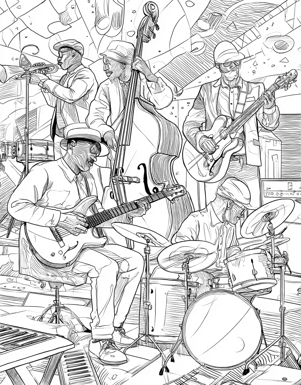 Jam Sessions Creative Art for Music Lovers, Free Color Pages Printable, Stress Relief Color Book, Occupation Colouring Pages for Teen, Musician Coloring main 1