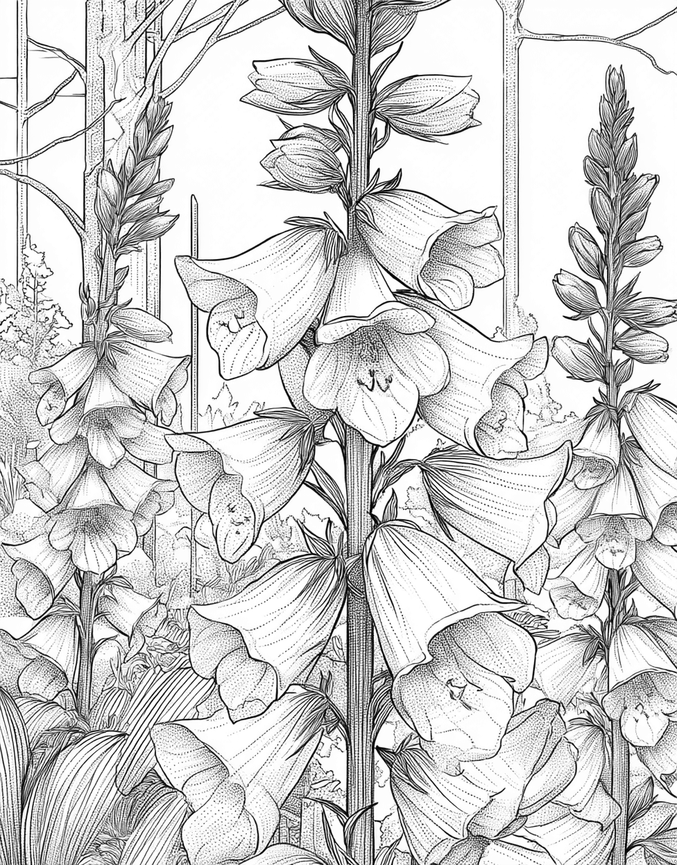 Foxglove Fantasia Art for Every Hue, Free Printable Coloring Pages, Stress Relief Color Book, Flowers Colouring Pages for Teens, Foxglove Coloring main 1