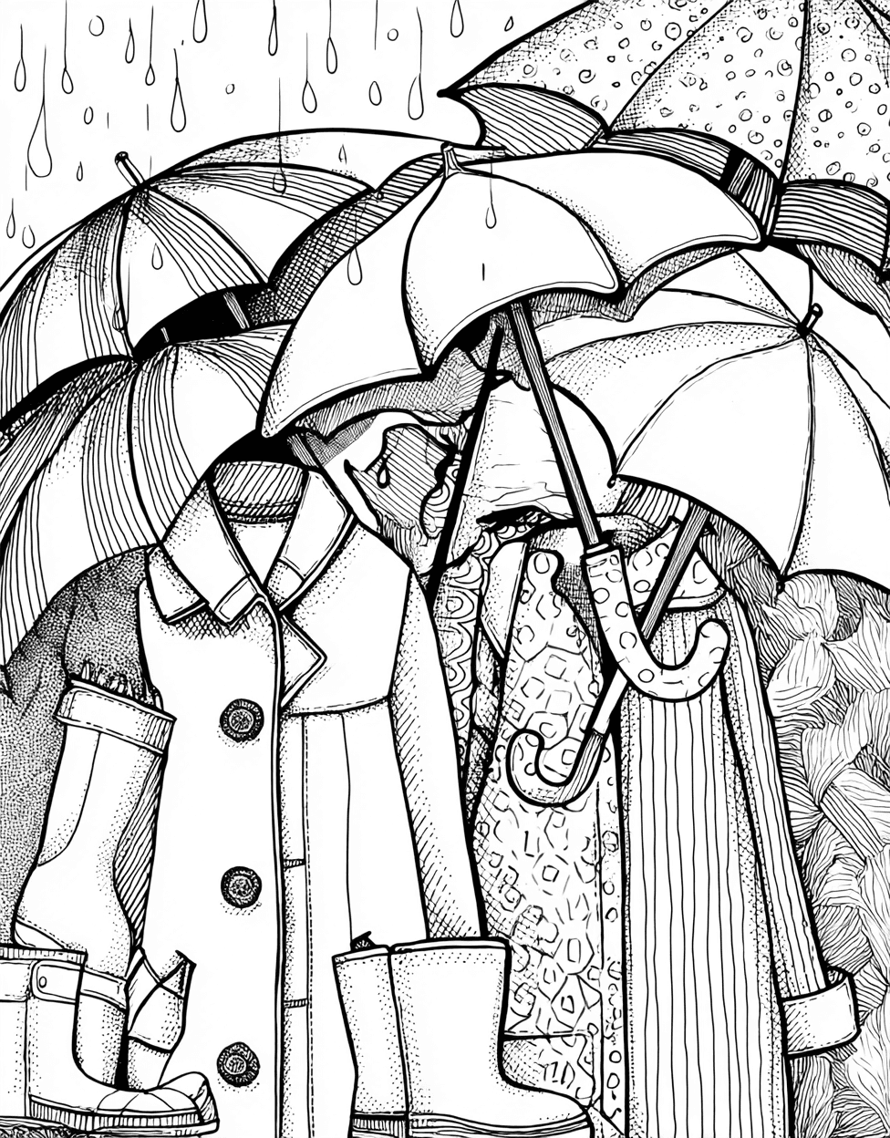 Vibrant Raincoat Adventures Art Awaits, Free Printable Coloring Pages for Adults, Raincoat Coloring, Stress Relief Color Book, Seasonal Colouring Pages for Adults main 1