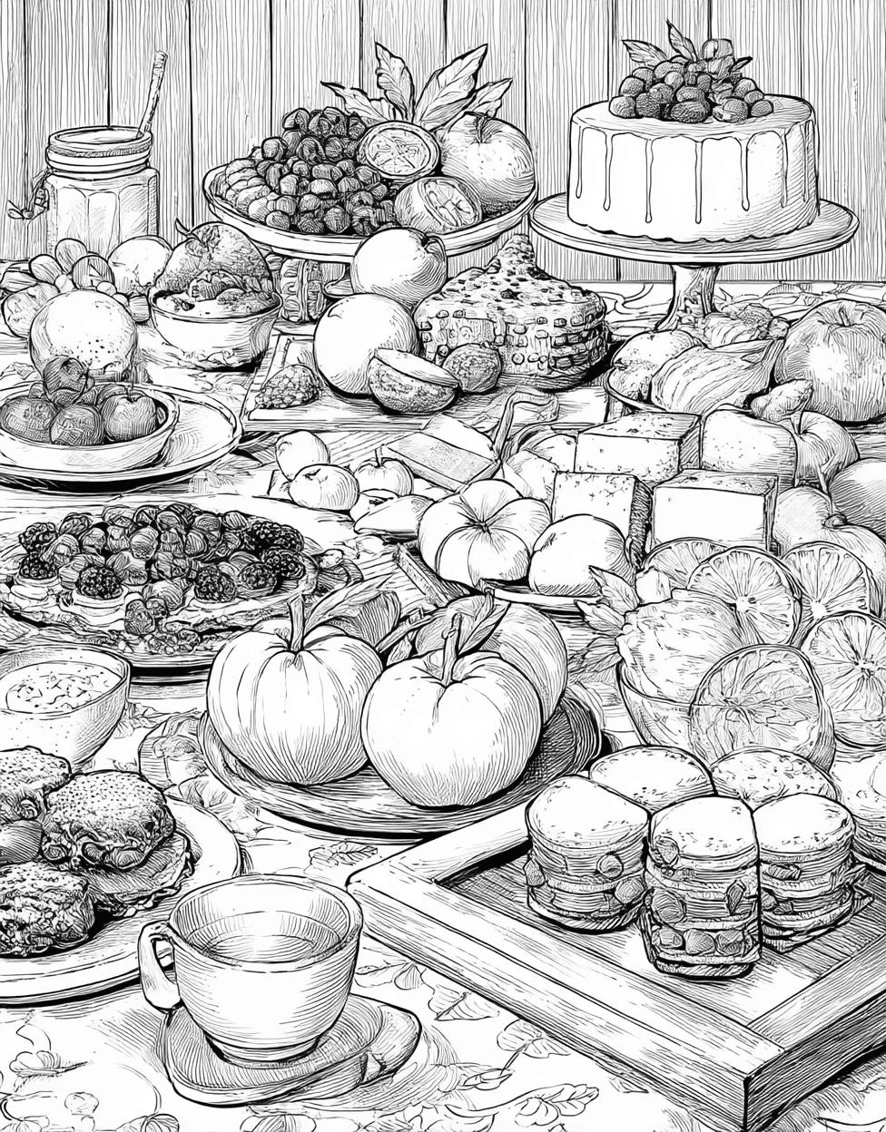 Buffet Table Coloring, Stress Relief Color Book, Food Colouring Pages for Teenage, Free Coloring Pages for Adults, Buffet Table Fun Fill the Feast with Color main 1
