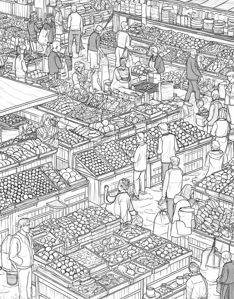 Food Market Stall Coloring, Free Coloring Pages for Adults, Delicious Delights Market Stall Art Fun, Relaxation Color Book, Food Colouring Pages for Teens main 1