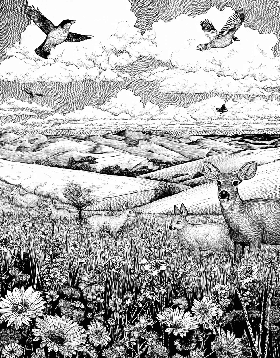 Stress Relief Color Book, Nature Colouring Pages for Adult, Free Printable Adult Coloring Pages, Coloring Pictures Flowers Prairie, Vibrant Prairie Scenes for Creative Minds main 1