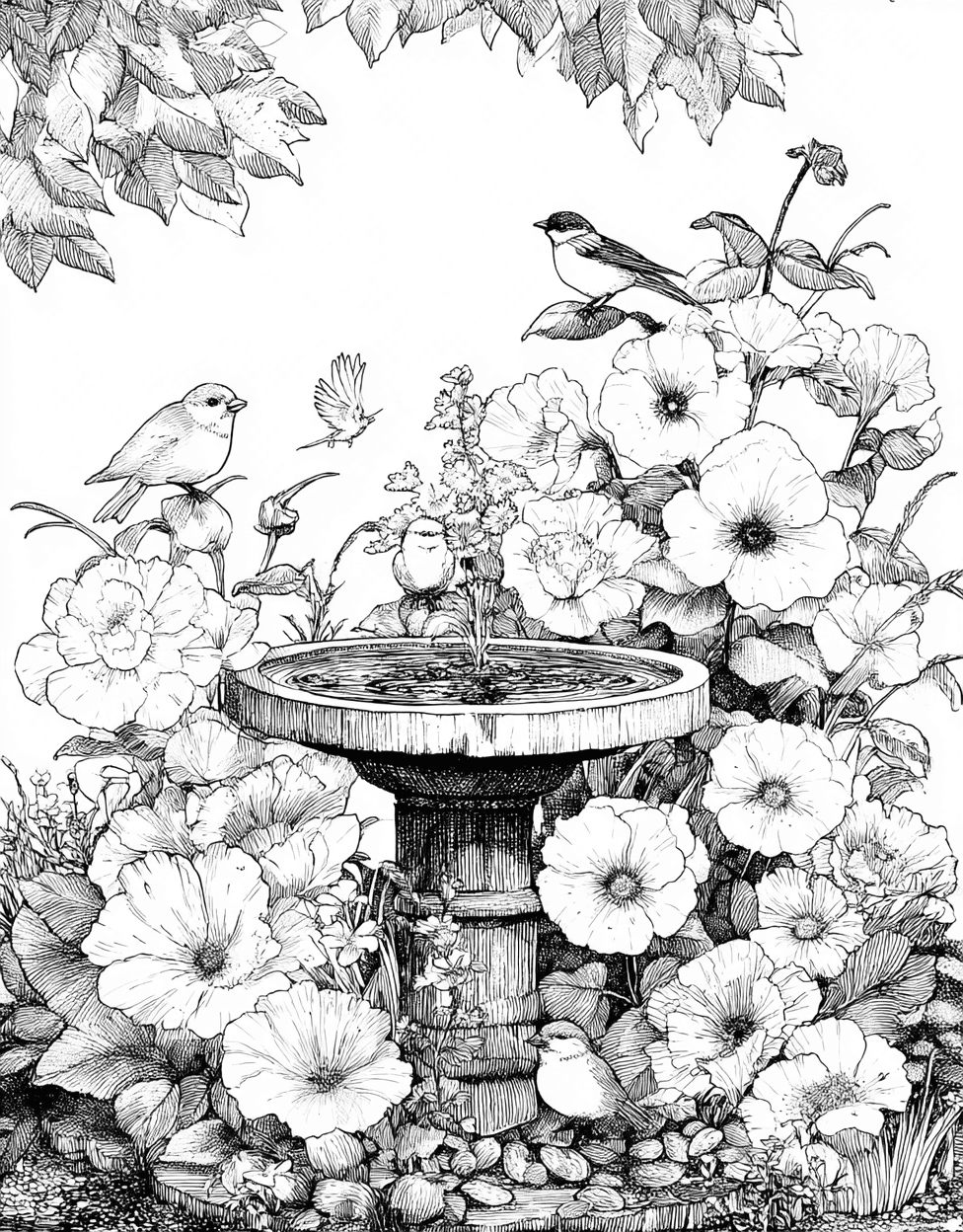 Birdbath Bliss Unleash Your Inner Artist, Stress Relief Color Book, Garden Colouring Pages for Womens, Free Printable Girly Coloring Pages, Birdbath Coloring main 1