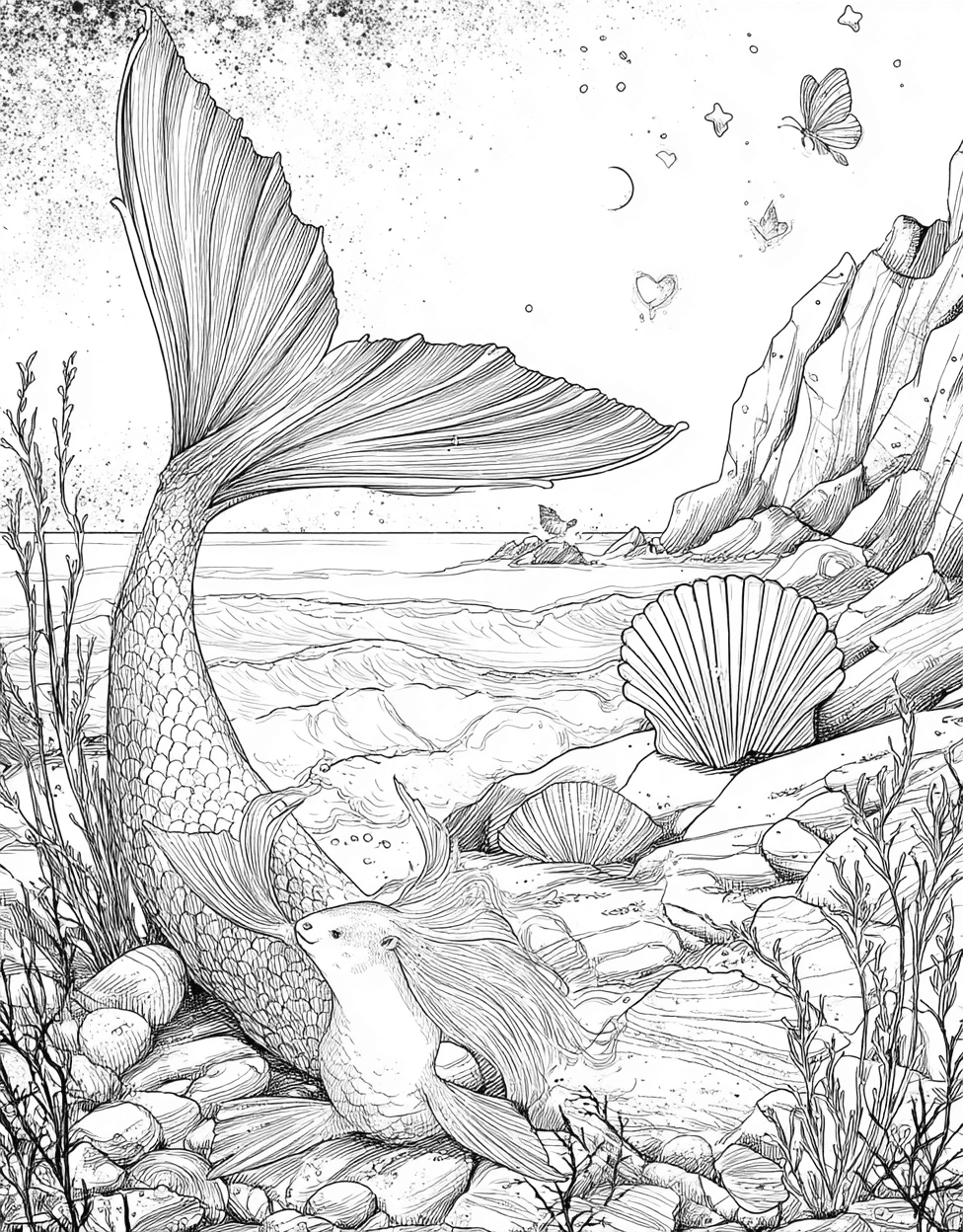 Coloring Pages for Adults Free Printable, Stress Relief Color Book, Fairy Tale Colouring Pages for Adults, Selkie Coloring, Whimsical Selkie Art Adventures main 1