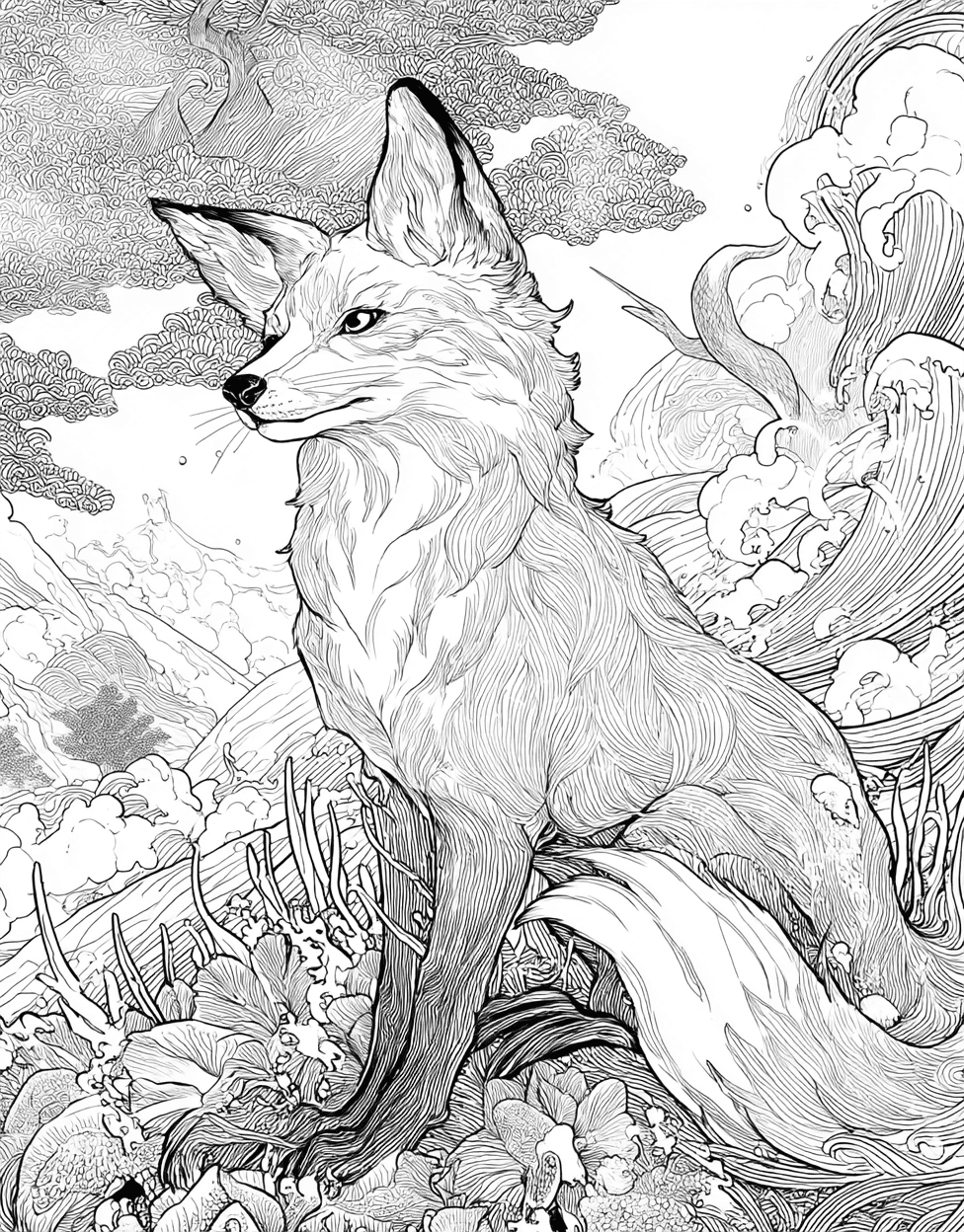 Relaxation Color Book, Mythical Creatures Colouring Pages for Teen, Kitsune Coloring, Whimsical Kitsune Art to Brighten Your Day, Free Printable Adult Coloring Pages main 1
