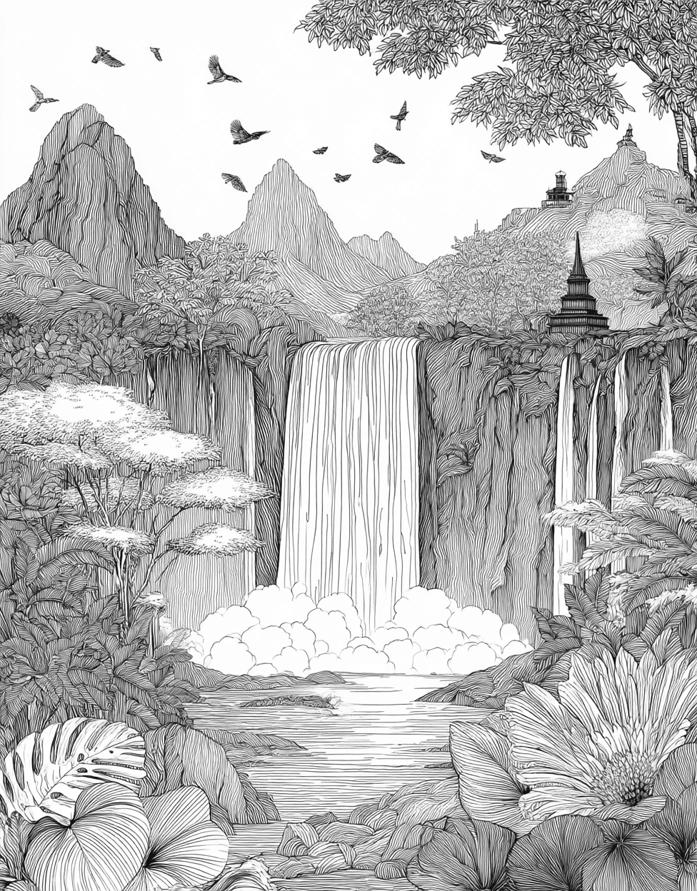 Whimsical Waterfall Art for Your Imagination, Coloring Kids Flowers Waterfall, Free Printable Coloring Pages, Stress Relief Color Book, Travel & Landmarks Colouring Pages for Womens main 1