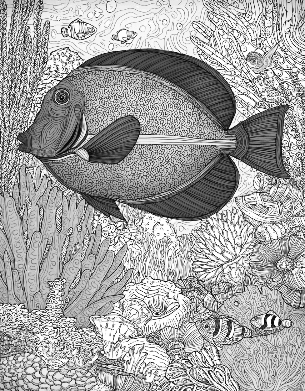 Free Coloring Pages for Girls, Blue Tang Coloring, Blue Tang Splash Dive into Art, Stress Relief Color Book, Ocean Life Colouring Pages for Womens main 1