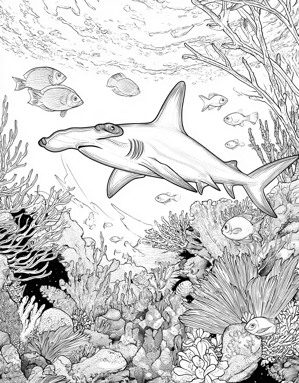 Hammerhead Shark Art Adventures, Hammerhead Shark Coloring, Stress Relief Color Book, Ocean Life Colouring Pages for Teens, Free Color Pages for Adults main 1