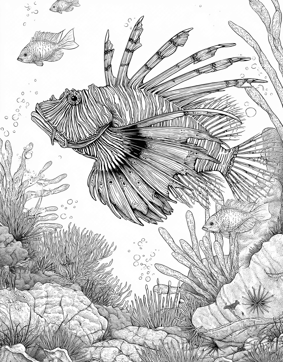 Lionfish Coloring, Free Coloring Pages for Adults to Print, Relaxation Color Book, Ocean Life Colouring Pages for Women, Vibrant Lionfish Art for Creative Minds main 1