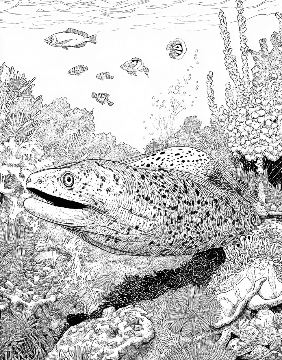 Free Coloring Book Pages for Adults, Relaxation Color Book, Ocean Life Colouring Pages for Women, Moray Eel Coloring, Moray Eel Art Dive into Creative Fun main 1