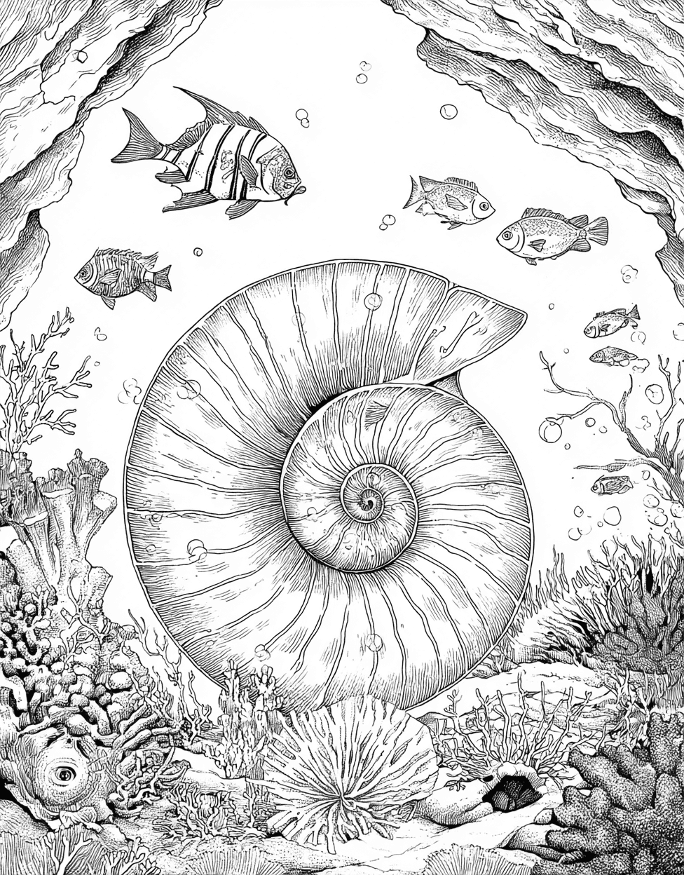 Free Printable Adult Coloring Pages, Nautilus Shell Coloring, Nautilus Shell Art a Spiral of Creativity, Stress Relief Color Book, Ocean Life Colouring Pages for Adults main 1
