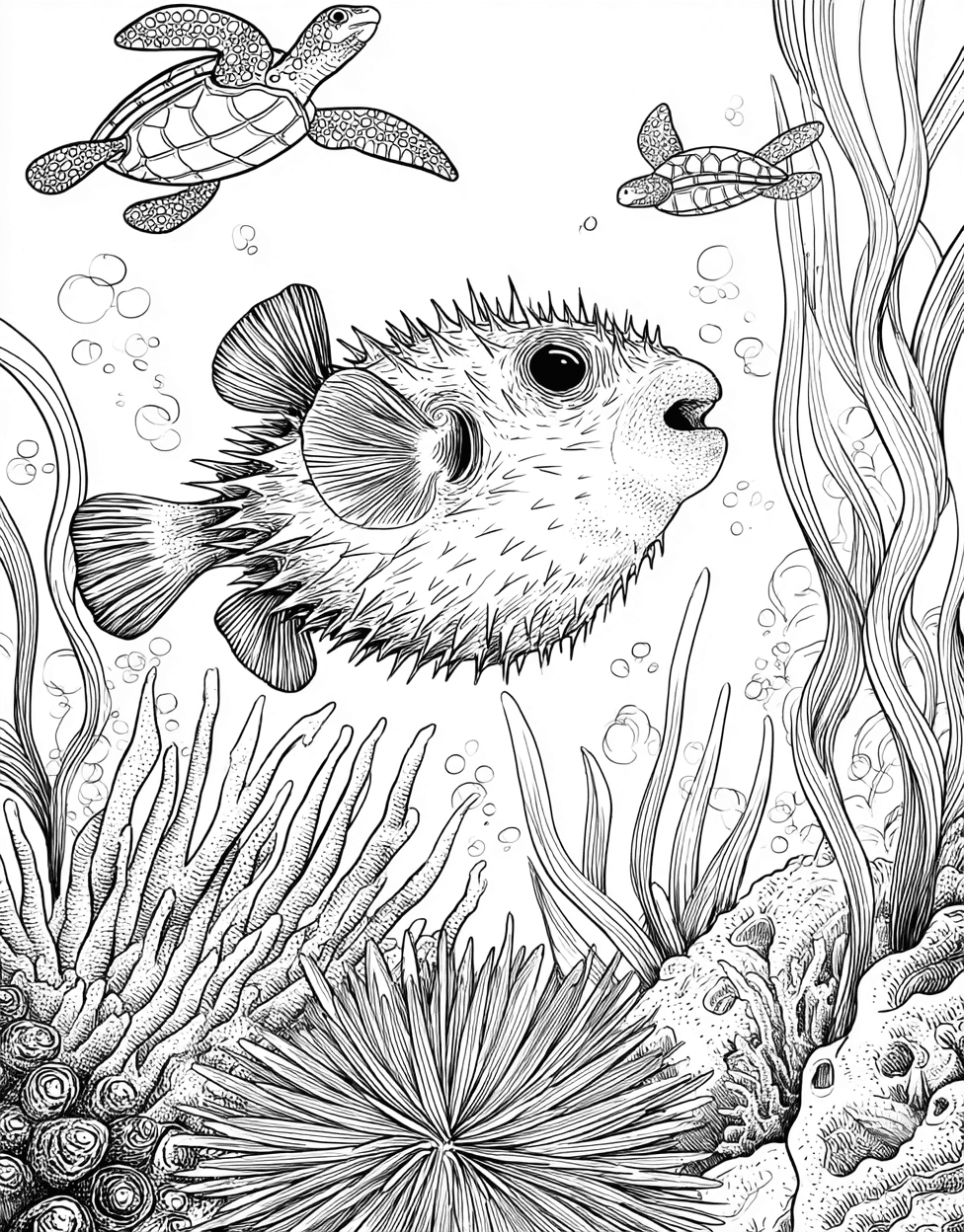 Pufferfish Coloring, Free Printable Girly Coloring Pages, Pufferfish Patterns Dive into Creativity, Relaxation Color Book, Ocean Life Colouring Pages for Women main 1