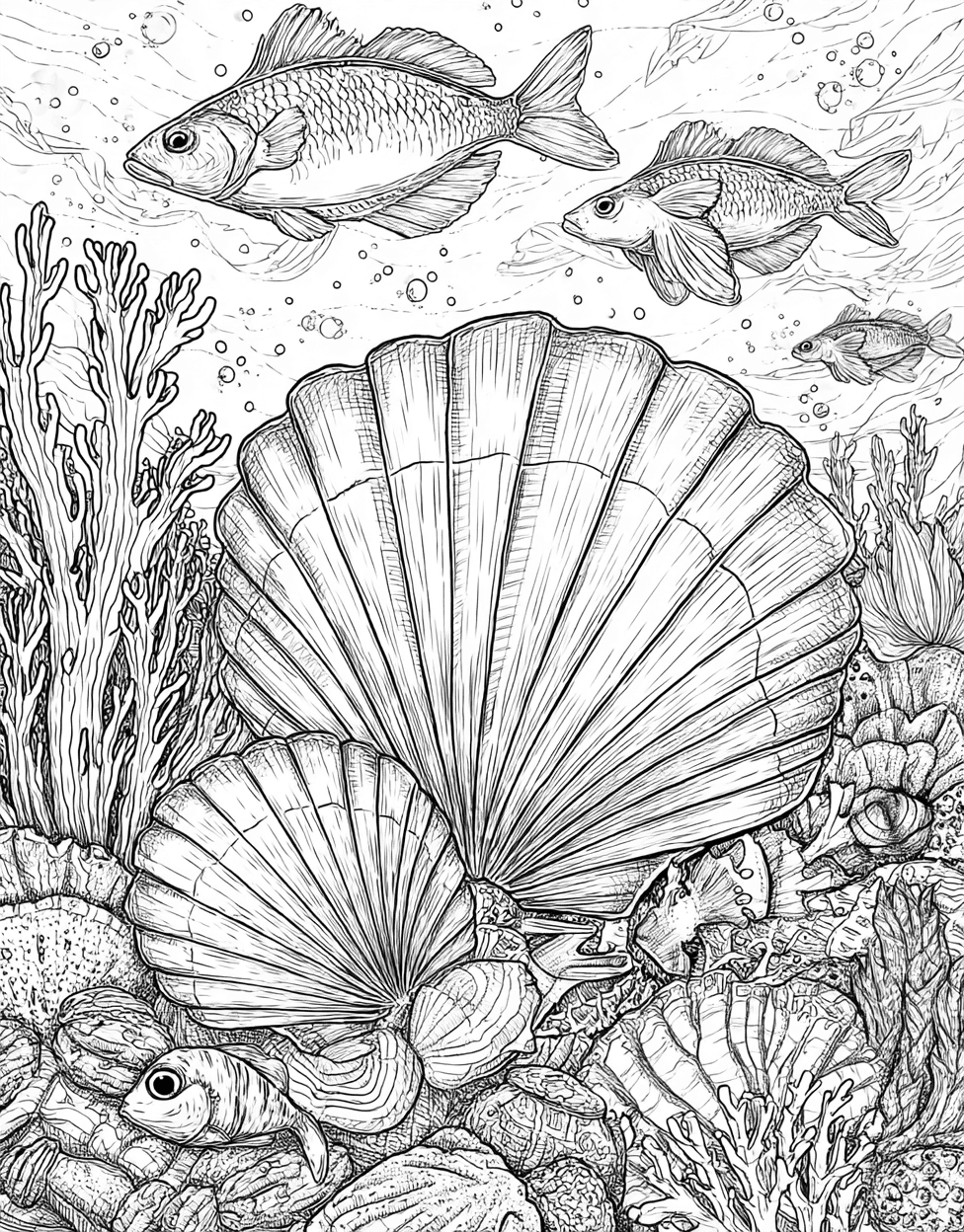 Scallop Dreams Artistic Page Adventures, Free Coloring Pages for Adults, Relaxation Color Book, Ocean Life Colouring Pages for Teen, Scallop Coloring main 1