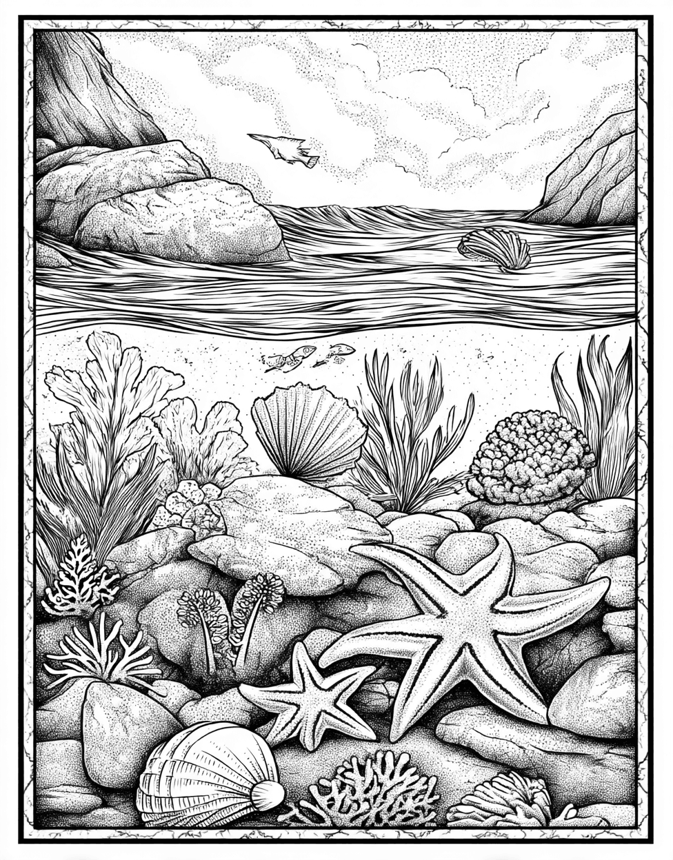 Tide Pool Coloring, Advanced Free Printable Coloring Pages for Children, Tide Pool Wonders Art Awaits, Relaxation Color Book, Ocean Life Colouring Pages for Teen main 1