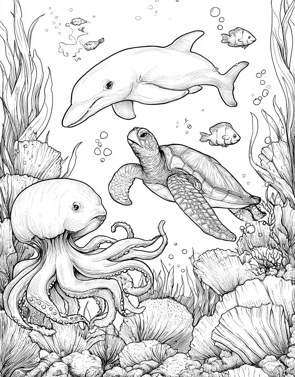 Underwater Wonders Ocean Creature Art Fun, Relaxation Color Book, Cute Characters Colouring Pages for Womens, Coloring Pages for Adults Free Printable, Ocean Creature Coloring main 1