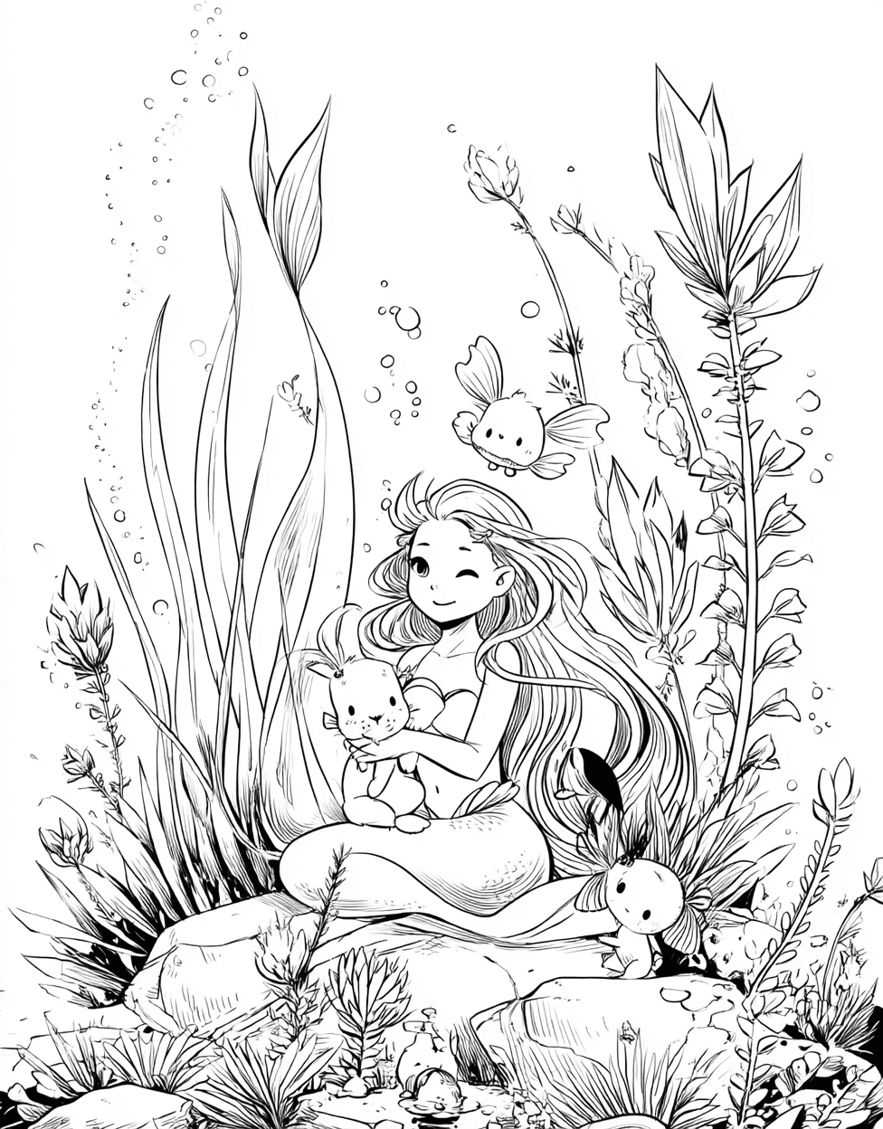 Free Coloring Pages for Adults, Mermaid Friend Coloring, Whimsical Mermaid Friend Art Adventures, Stress Relief Color Book, Cute Characters Colouring Pages for Teenage main 1
