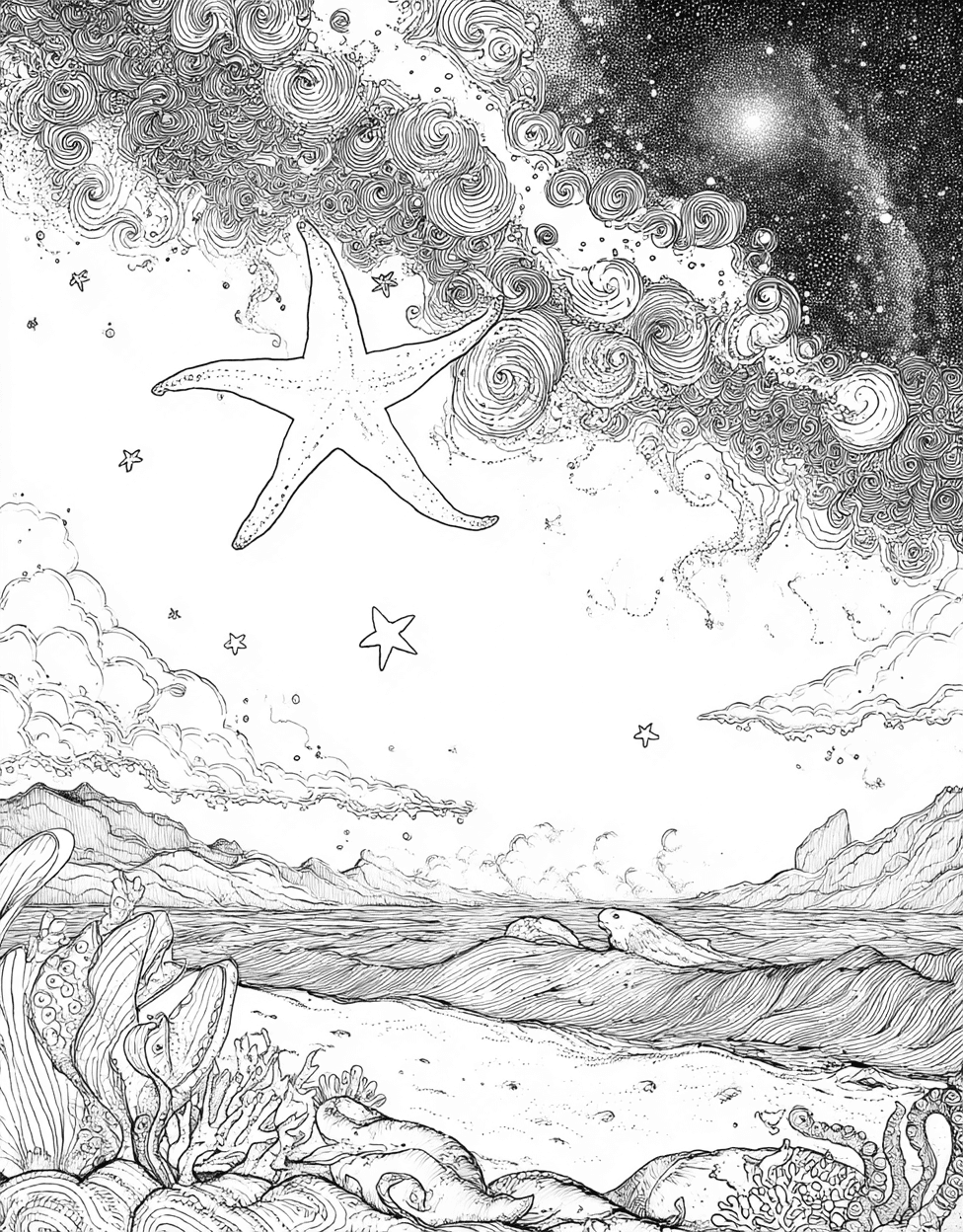 Free Printable Coloring Pages, Stress Relief Color Book, Adventure Colouring Pages for Teen, Coloring Printable Star Complications, Starry Nights Celestial Art Adventures main 1