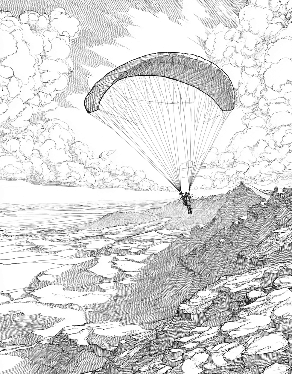 Relaxation Color Book, Adventure Colouring Pages for Adult, Skyward Dreams Paragliding Art Adventures, Paragliding Coloring, Adult Coloring Pages Free Printables main 1