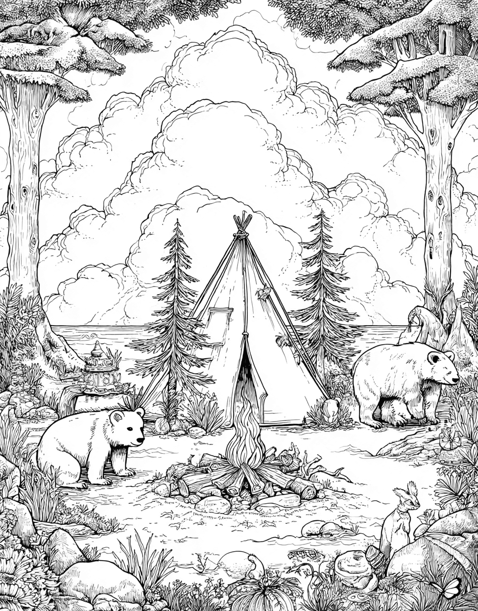 Coloring Pages for Adults Free Printable, Bivouac Bliss Natures Sketch Adventure, Bivouac Coloring, Relaxation Color Book, Adventure Colouring Pages for Adult main 1