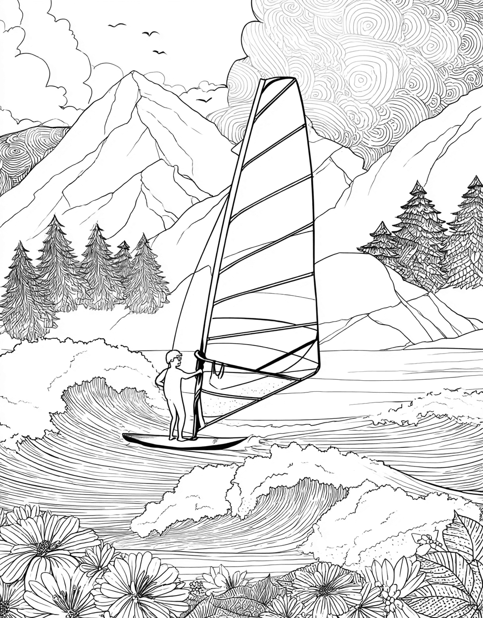 Relaxation Color Book, Adventure Colouring Pages for Adults, Coloring Pages Pdf Free, Windsurfing Coloring, Ride the Waves Windsurfing Art Adventure main 1